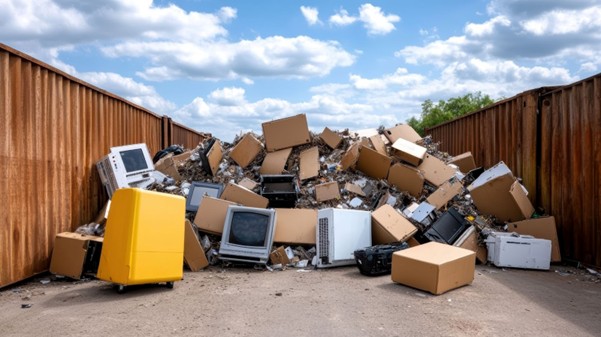 Hard rubbish removal Melbourne — pile of old appliances, e-waste, and cardboard boxes awaiting collection against a rusty fence. Credit: Service Stock photos by Vecteezy