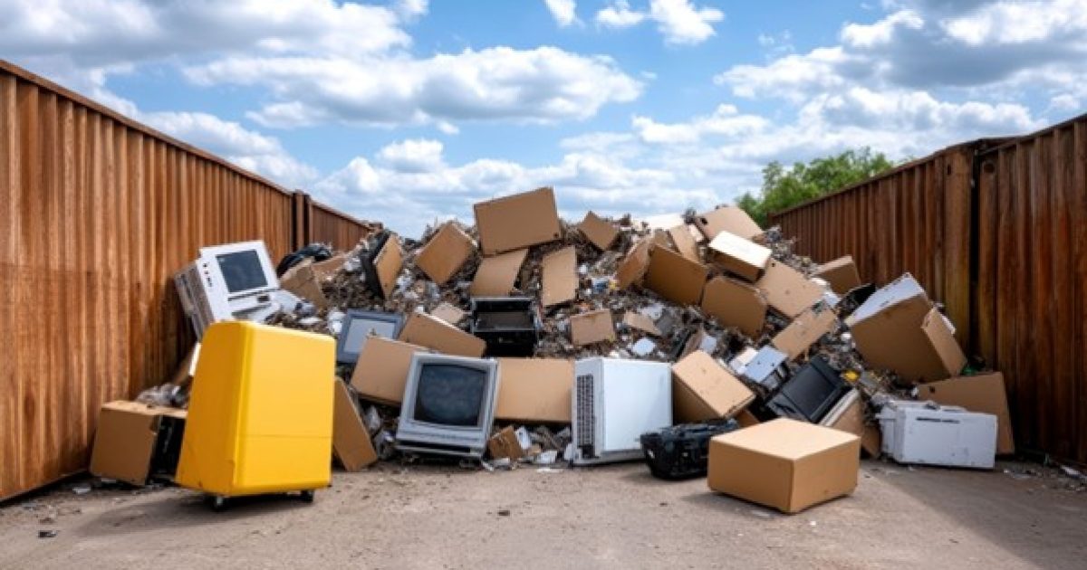 Hard rubbish removal Melbourne — pile of old appliances, e-waste, and cardboard boxes awaiting collection against a rusty fence. Credit: Service Stock photos by Vecteezy